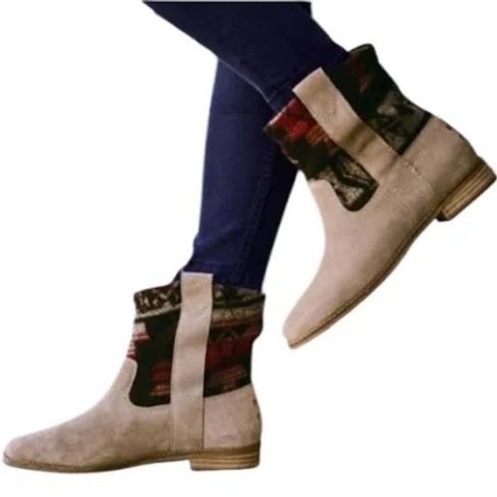 TOMS Laurel Taupe Suede Southwestern Woven Textile Ankle Boots Womens 8